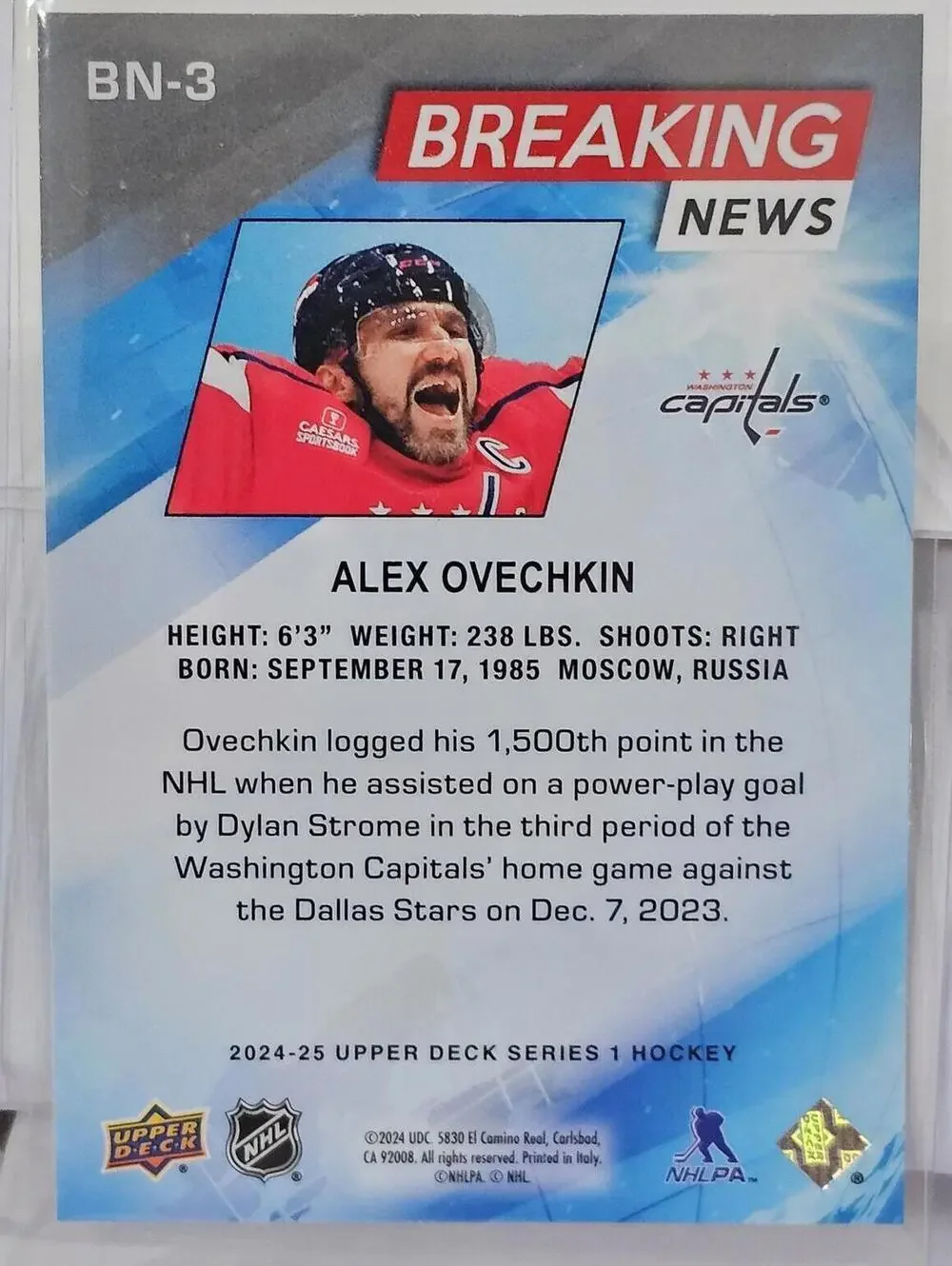 Alex Ovechkin 1500th NHL Point Breaking News Trading Card - Upper Deck